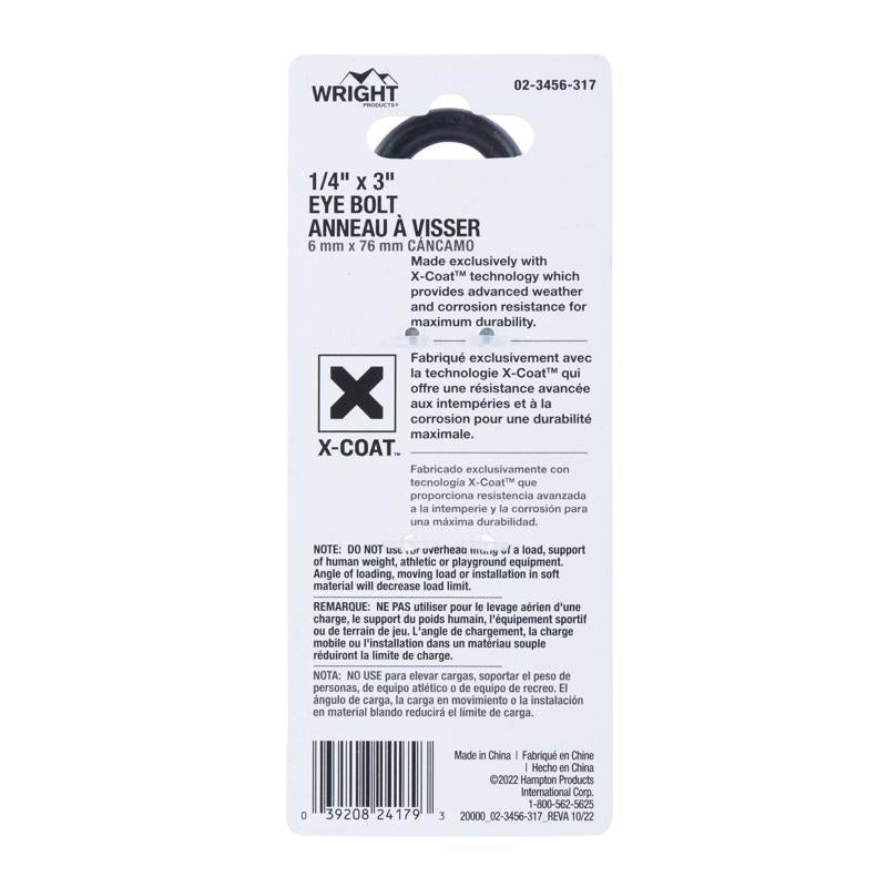 Wright 1/4 in. X 3 in. L Black Steel Eyebolt Nut Included