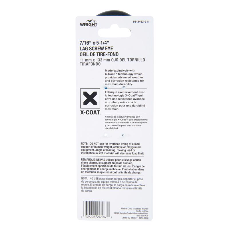 Wright 7/16 in. D X 5-1/4 in. L Black Steel Lag Screw Eye 325 lb 1 pk