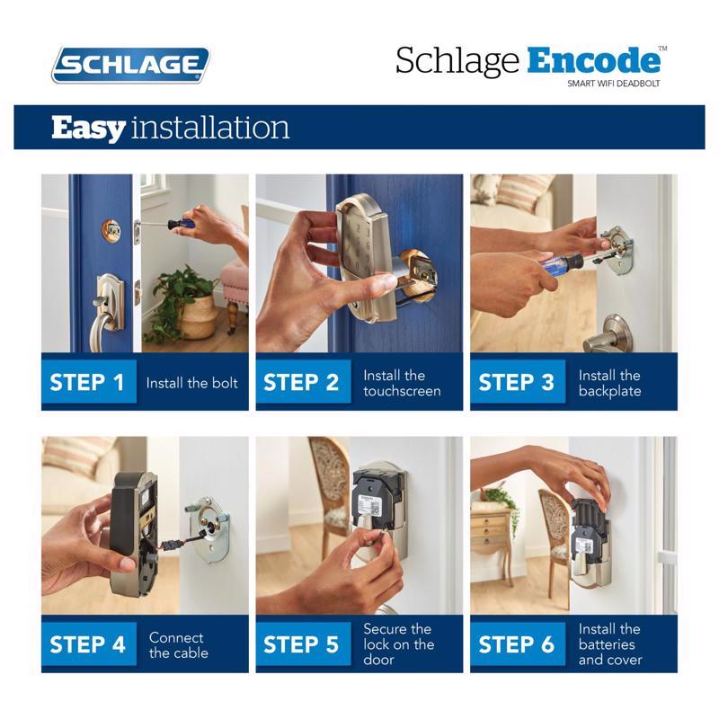 Schlage Encode Satin Nickel Metal WiFi Deadbolt with Greenwich Trim