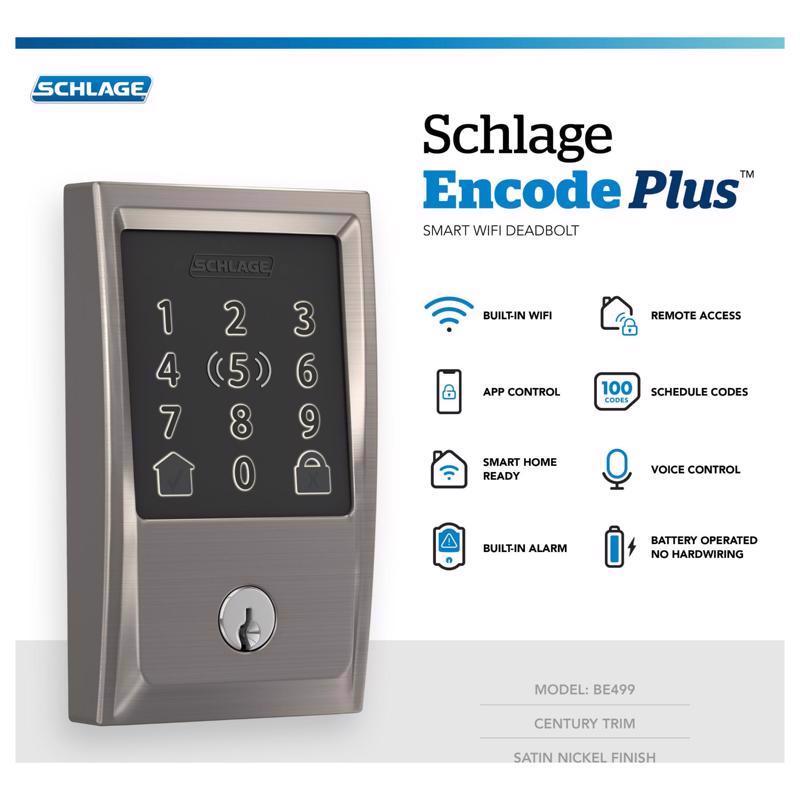 Schlage Encode Plus Satin Nickel Metal WiFi Deadbolt with Century Trim