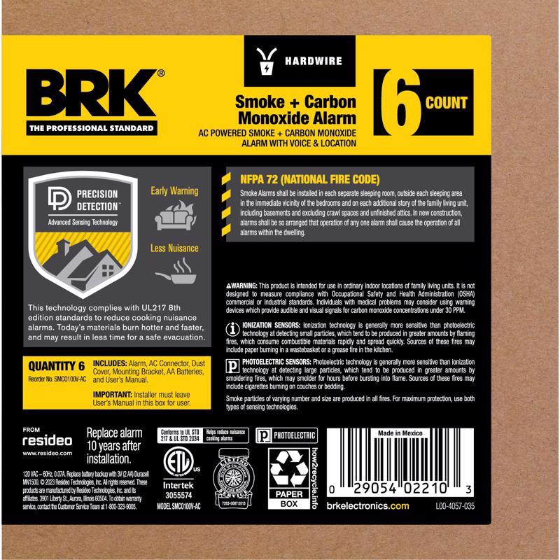 BRK 6 PK With Voice Hard-Wired w/Battery Back-Up Photoelectric Smoke and Carbon Monoxide Detector