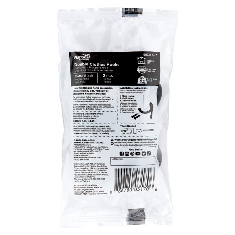National Hardware Medium Matte Black Metal 1.76 in. L Double Hook 35 lb 2 pk