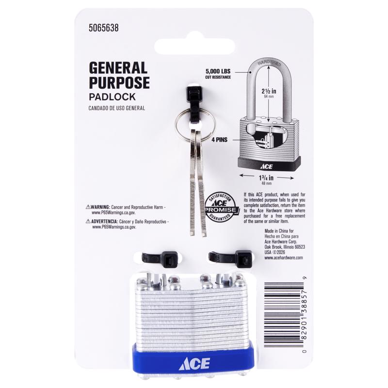 Ace 1-1/2 in. H X 1-3/4 in. W X 1 L Laminated Steel 4-Pin Tumbler Padlock