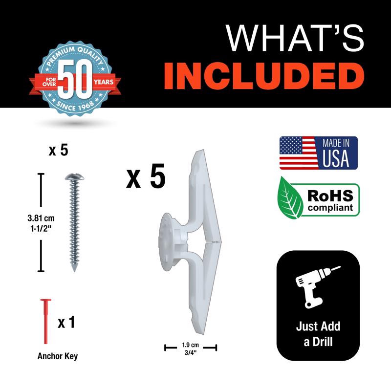 Toggler 3/4 in. D X 1-13/16 in. L Plastic Flat Head Drywall Anchors 5 pc