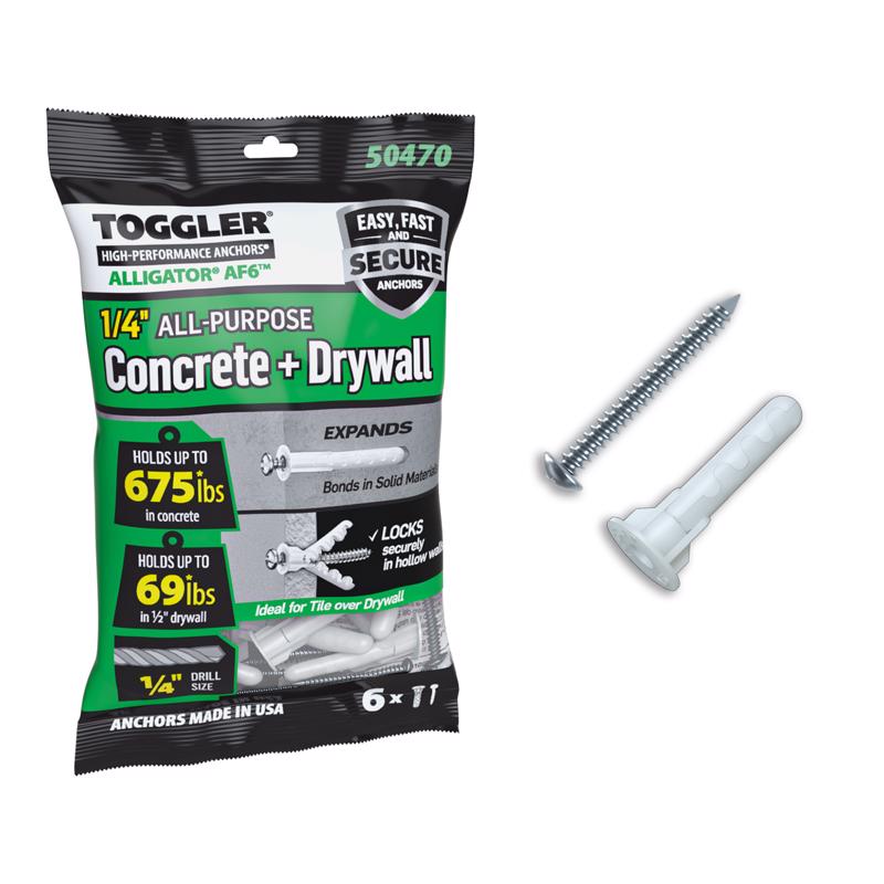 Toggler 1/4 in. D X 1-3/16 in. L Plastic Flat Head Drywall Anchors 6 pc