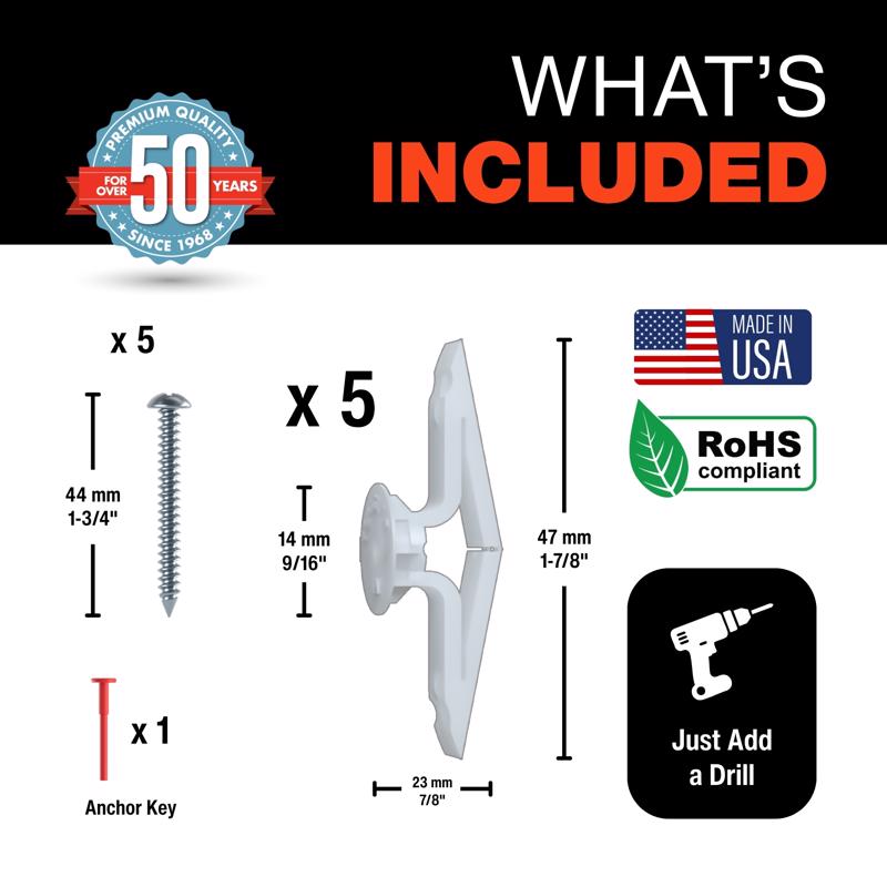 Toggler 7/8 in. D X 1-7/8 in. L Plastic Flat Head Drywall Anchors 5 pc
