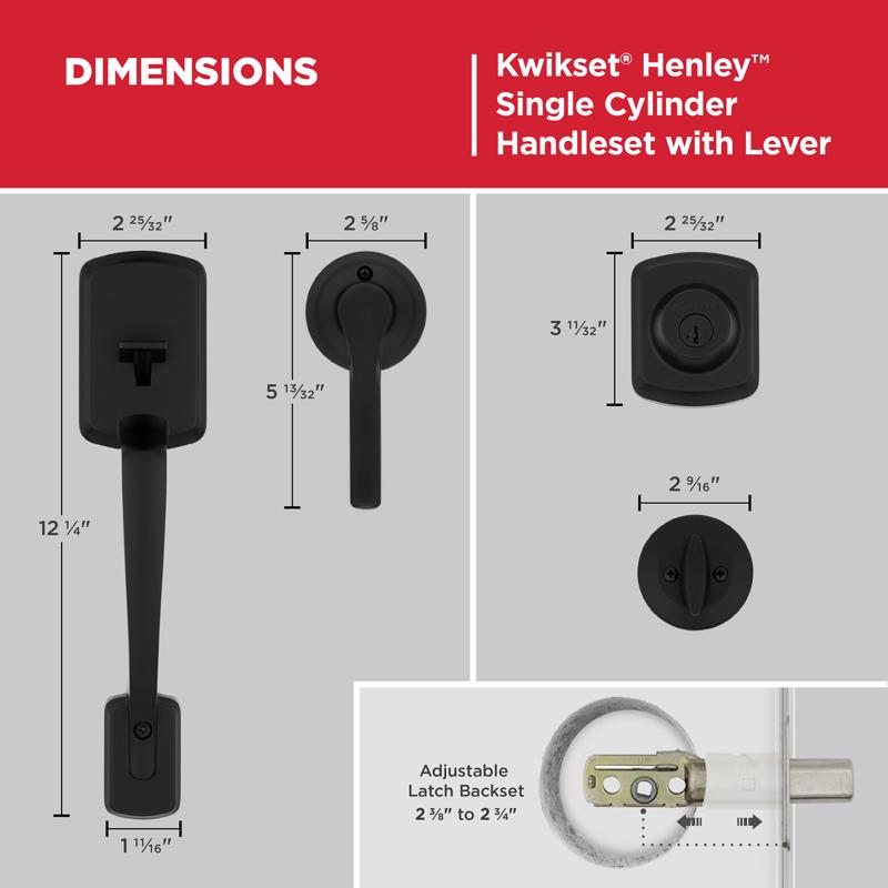Kwikset Henley Matte Black Entry Handleset 1.75 in.
