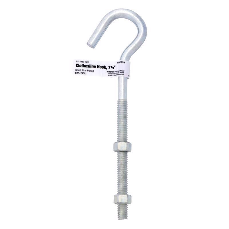 Hampton Medium Zinc-Plated Silver Steel 7.25 in. L Clothesline Bolt Hook 240 lb 1 pk
