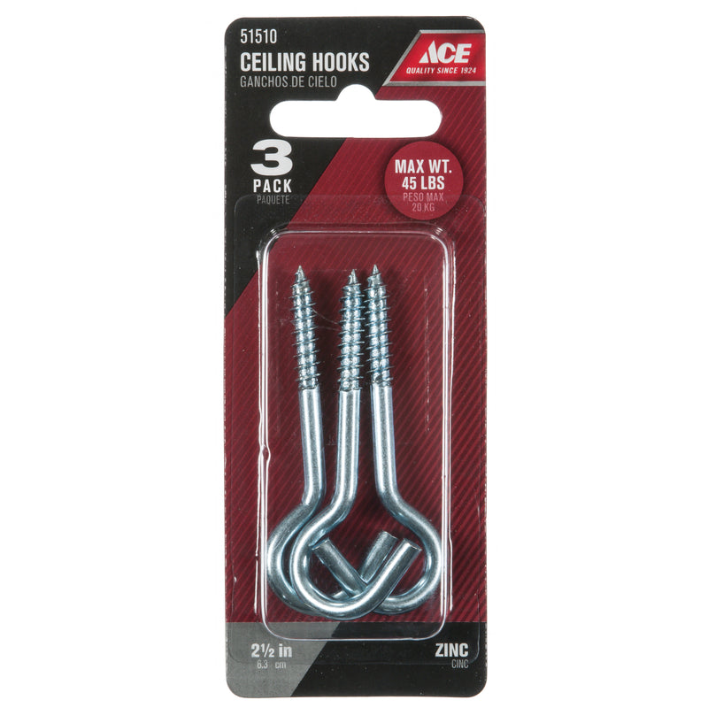 Ace Small Silver Steel 2.4375 in. L Ceiling Hook 45 lb 3 pk