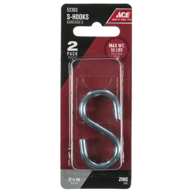 Ace Small Zinc-Plated Silver Steel 2.125 in. L S-Hook 55 lb 2 pk