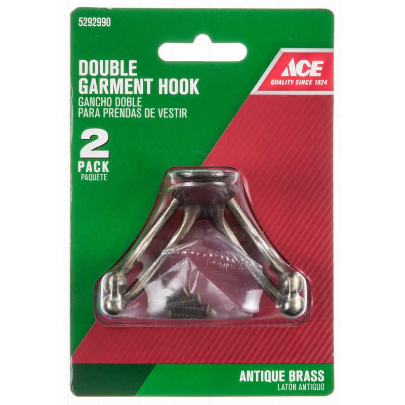 Ace 1-3/4 in. L Antique Brass Bronze Brass Small Double Garment Hook 2 pk