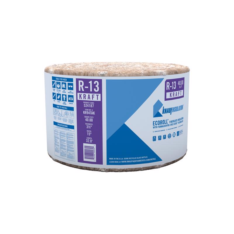 R-13 EcoRoll 15" Kraft Faced Fiberglass Insulation Roll 3-1/2 x 15 x 32' 40 SF