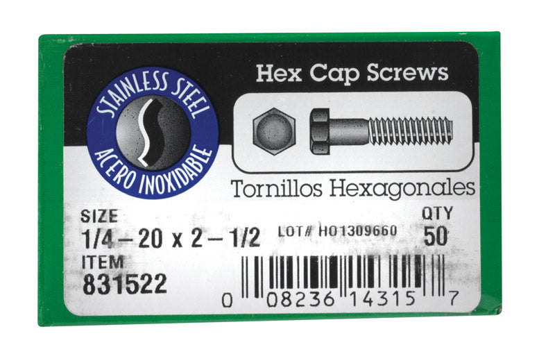 BOLT 1/4HEX 2-1/2"NC SS