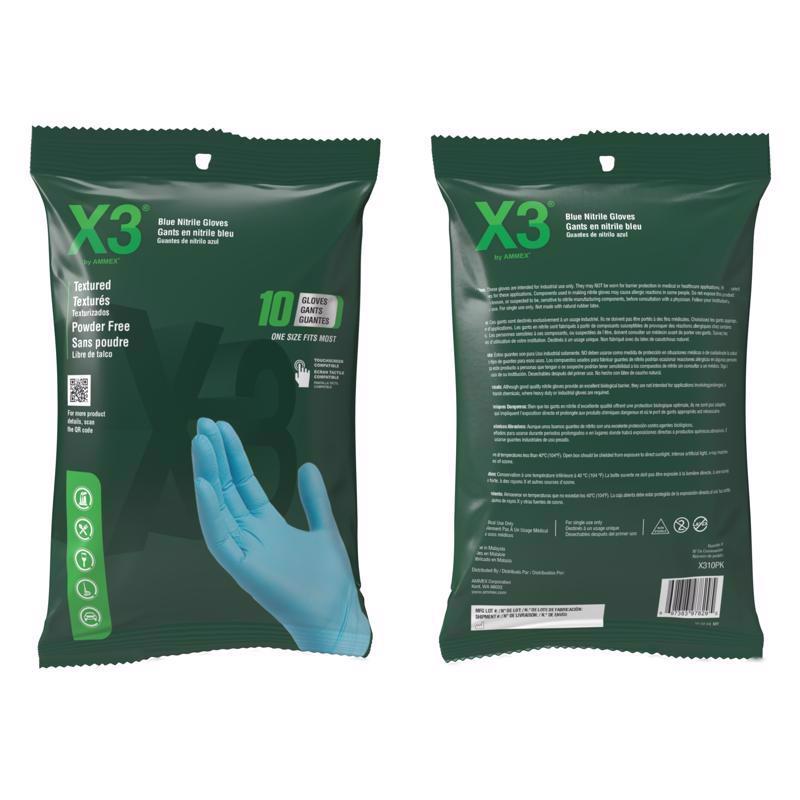 X3 Nitrile Disposable Gloves One Size Fits Most Blue Powder Free 10 pk