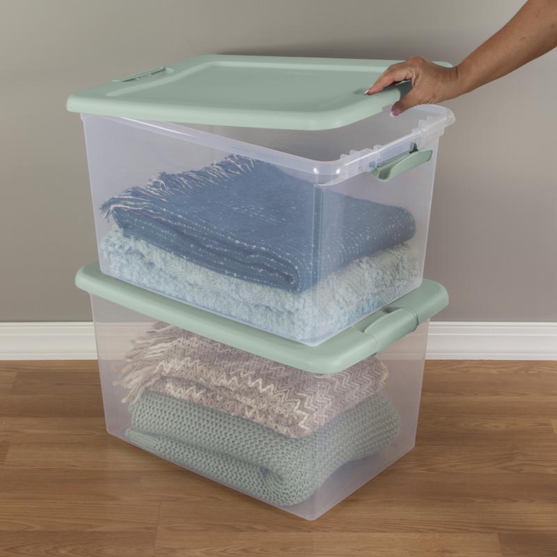 Sterilite Clear 64 qt Green Latch Storage Box 13.5 in. H X 16 in. W X 23.75 in. D Stackable