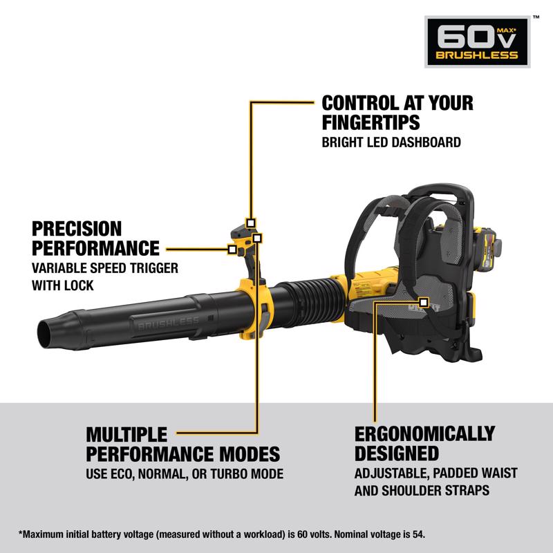 DeWalt 60V MAX DCBL570Y2 170 mph 850 CFM 60 V Battery Backpack Blower Kit (Battery & Charger)