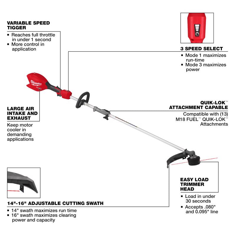 Milwaukee M18 FUEL Quik-Lok 3016-20ST 16 in. 18 V Battery String Trimmer Tool Only