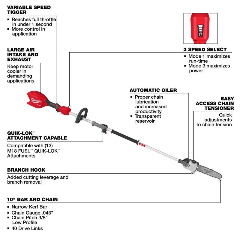 Milwaukee M18 FUEL Quik-Lok 3016-20PS 10 in. 18 V Battery Pole Saw Kit (Battery & Charger)