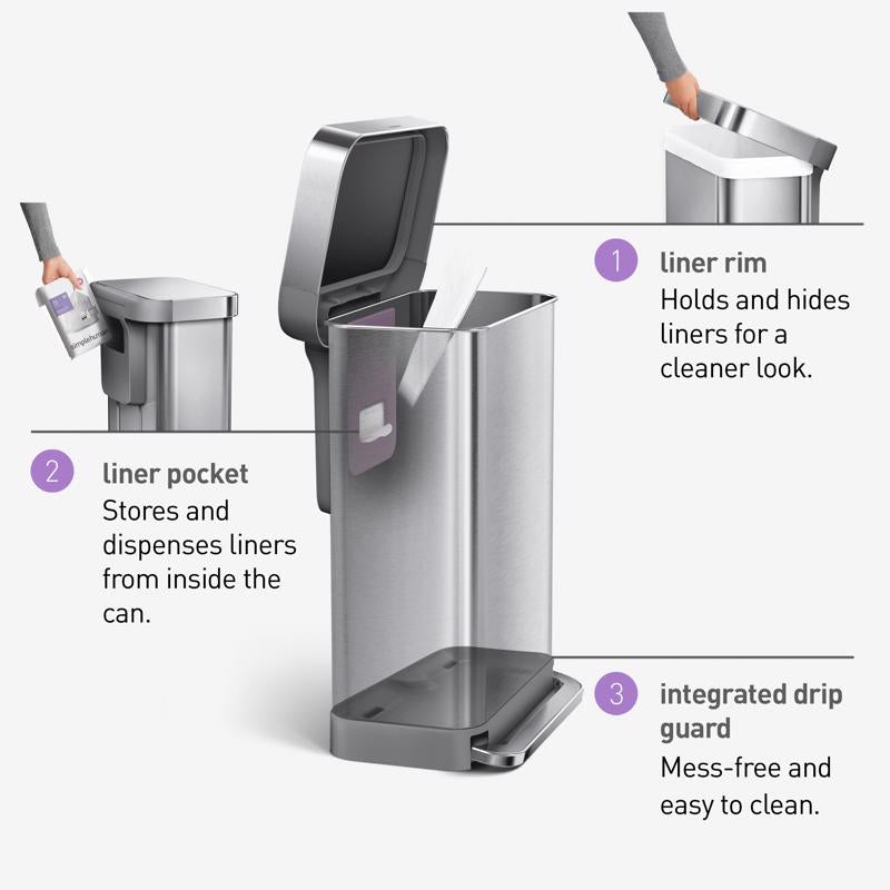 Simplehuman 45 L Metallic Silver Plastic/Stainless Steel Rectangular Trash Can
