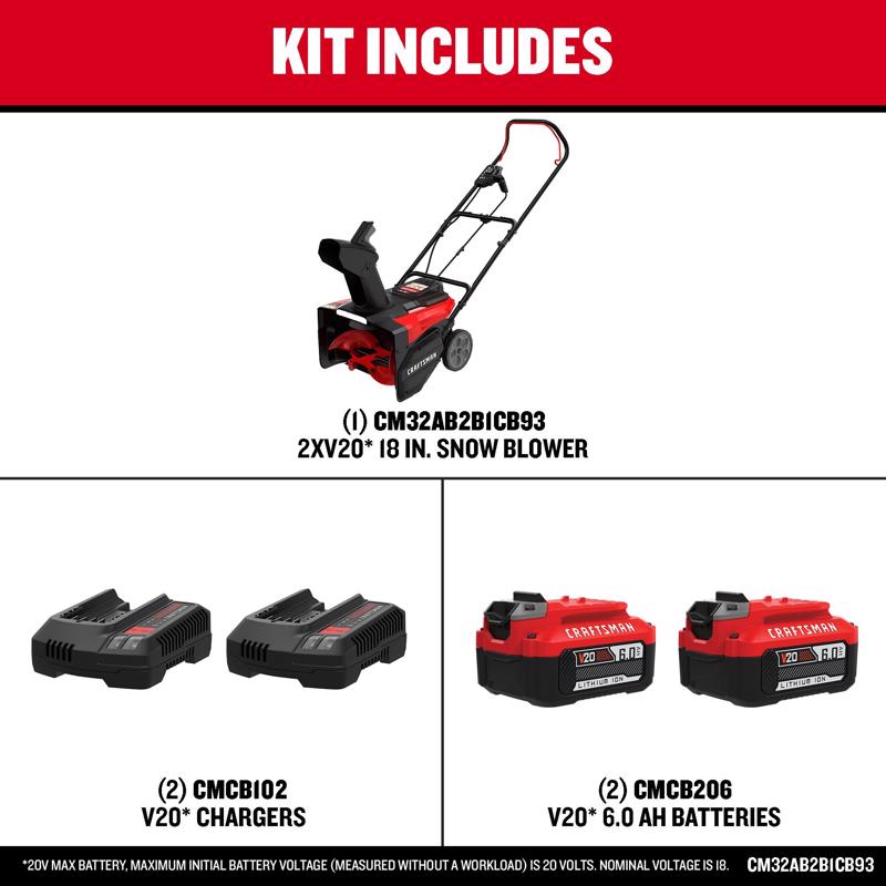 Craftsman V20 CM32AB2B1CB93 18 in. Single stage 20 V Battery Snow Thrower Kit (Battery & Charger)