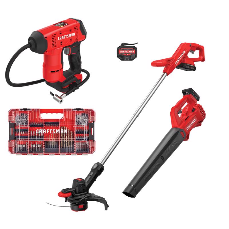 CRAFTSMAN V20 Trimmer Blower Combo Kit with Drill Bit Set (140 Pc) with V20 High Pressure Inflator