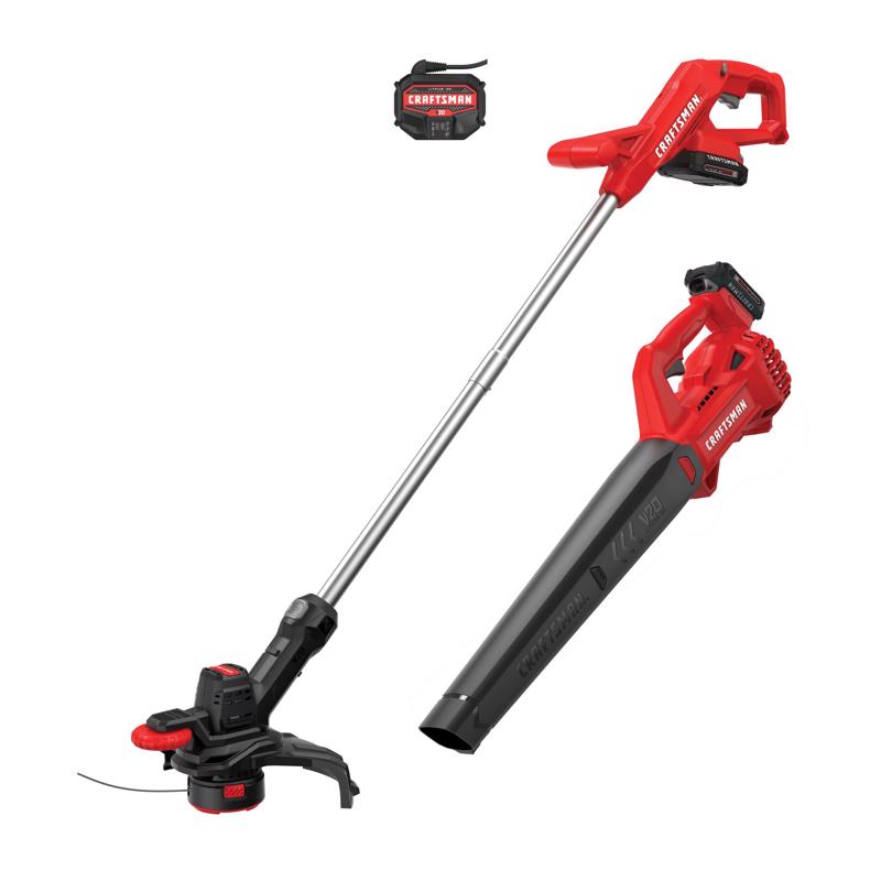 CRAFTSMAN V20 Trimmer Blower Combo Kit with Drill Bit Set (140 Pc) with V20 High Pressure Inflator