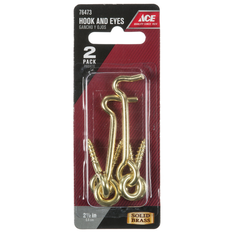 Ace Small Polished Brass Green Brass 2.5 in. L Hook and Eye 2 pk