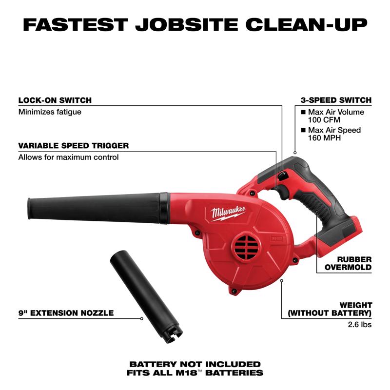 Milwaukee M18 0884-20 160 mph 100 CFM 18 V Battery Handheld Compact Leaf Blower Tool Only