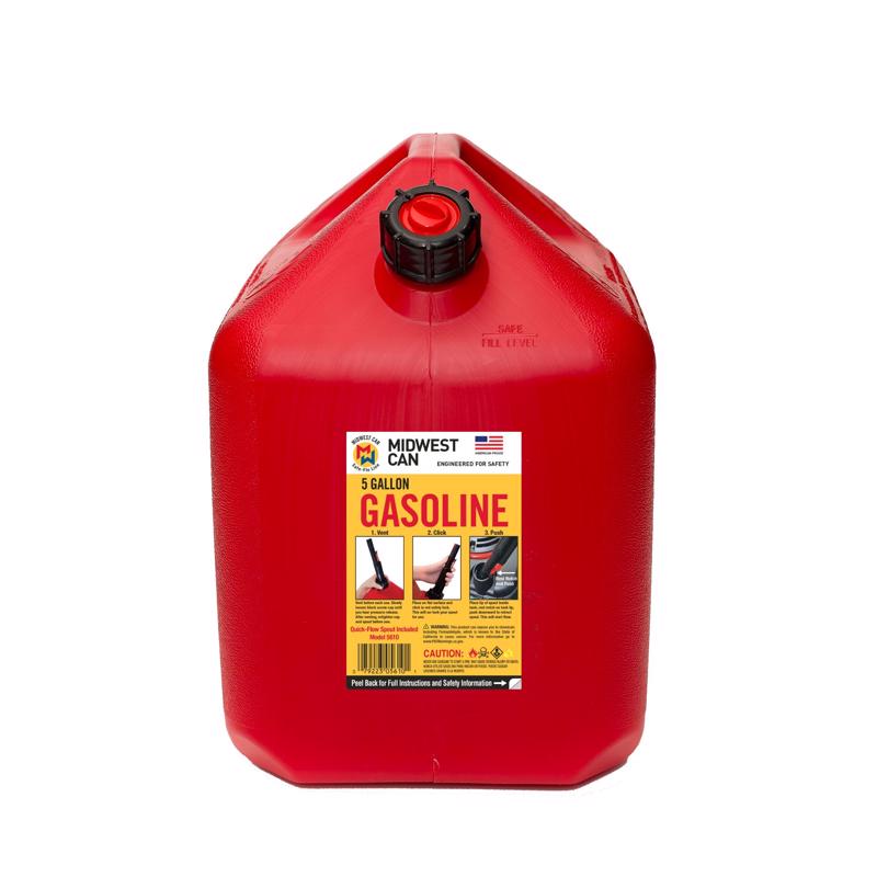 Midwest Can 5610 Safe-Flo Auto Shut Off 5 Gallon Gas Can – Durable Fuel Containers with FlameShield Safety System & Quick-Flow Spout - Red - 1 Pack