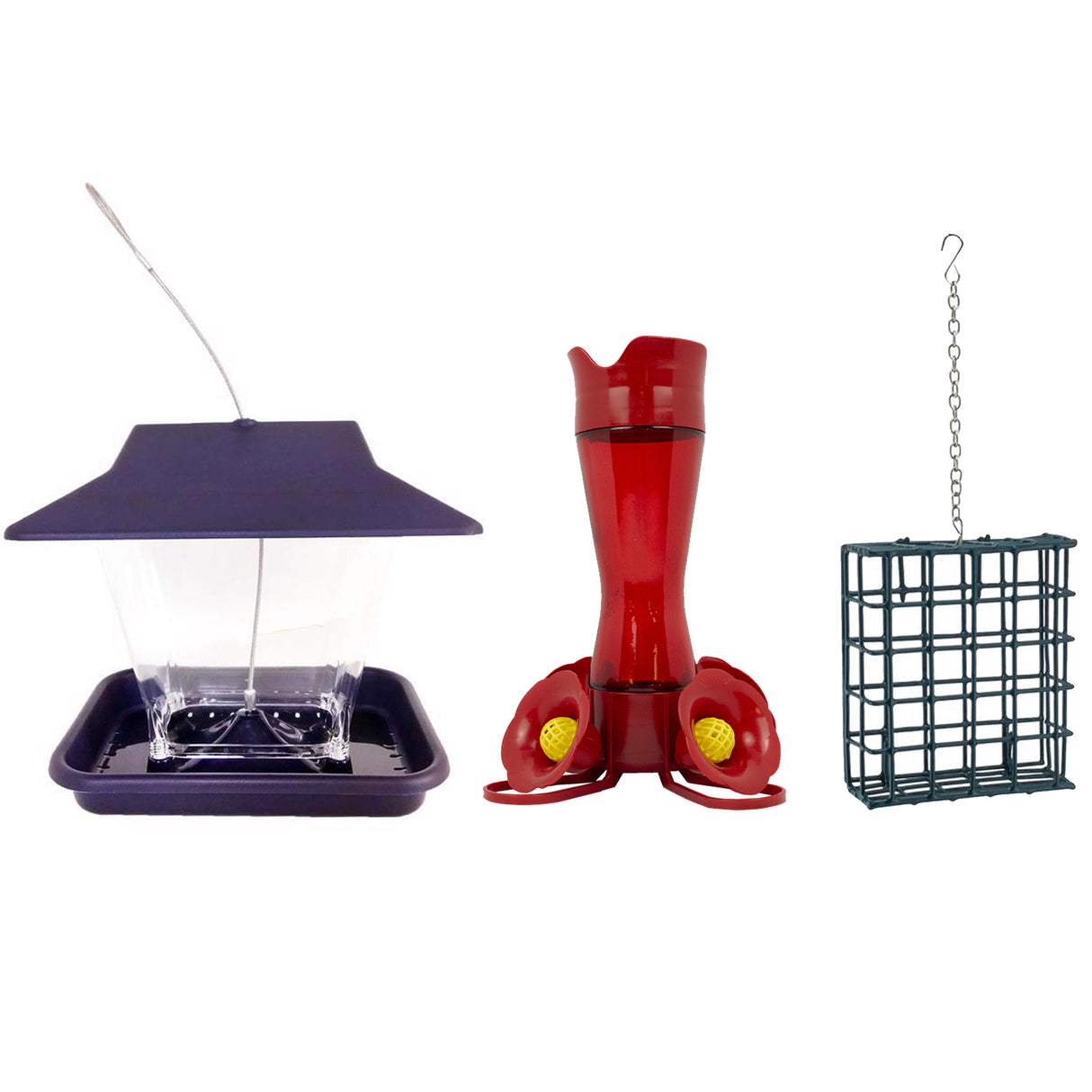 Complete Bird Feeder Starter Kit – Includes Suet Cage, 8 oz Hummingbird Nectar Feeder & 1.7 lb Wild Bird Hopper Feeder, Easy to Use for Backyard Birdwatching