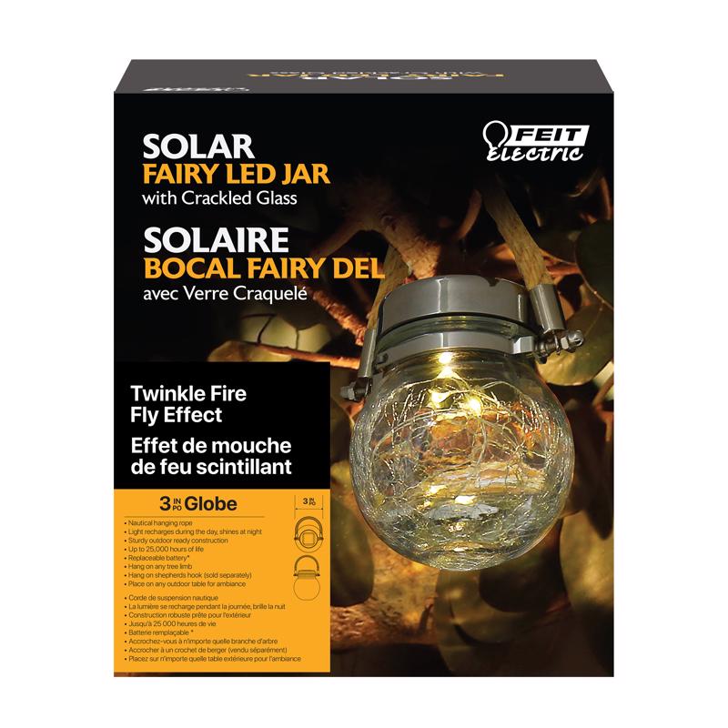 Feit Solar Fixtures 3.7 in. Solar Power Glass Round Coach Lantern Clear Crackle Jar w/Fairy Lights