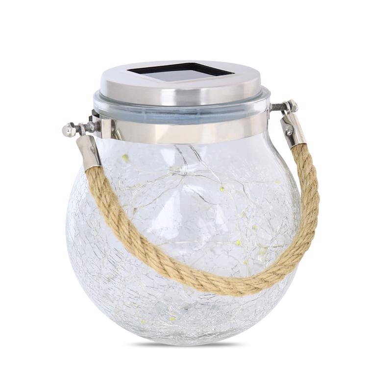 Feit Solar Fixtures 3.7 in. Solar Power Glass Round Coach Lantern Clear Crackle Jar w/Fairy Lights