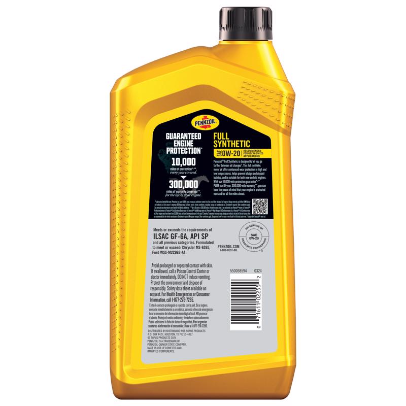 Pennzoil 0W-20 Gasoline Synthetic Motor Oil 1 qt 1 pk