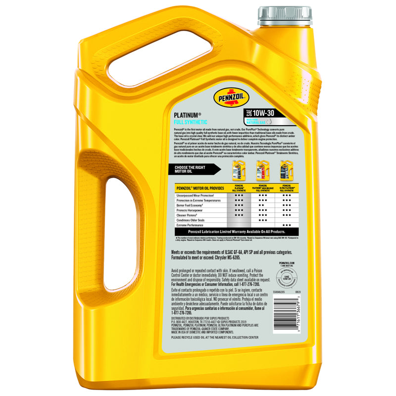 Pennzoil Platinum 10W-30 Gasoline Synthetic Motor Oil 5 qt 1 pk