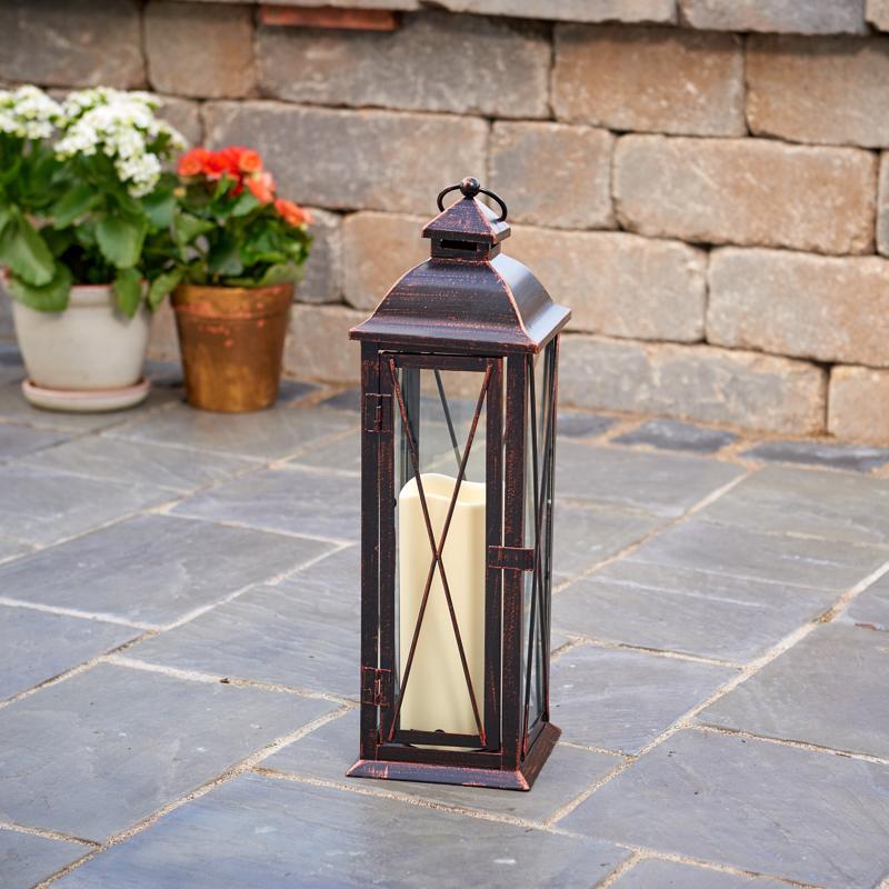 Smart Living 16 in. Glass/Metal Siena Bronze LED Candle Lantern