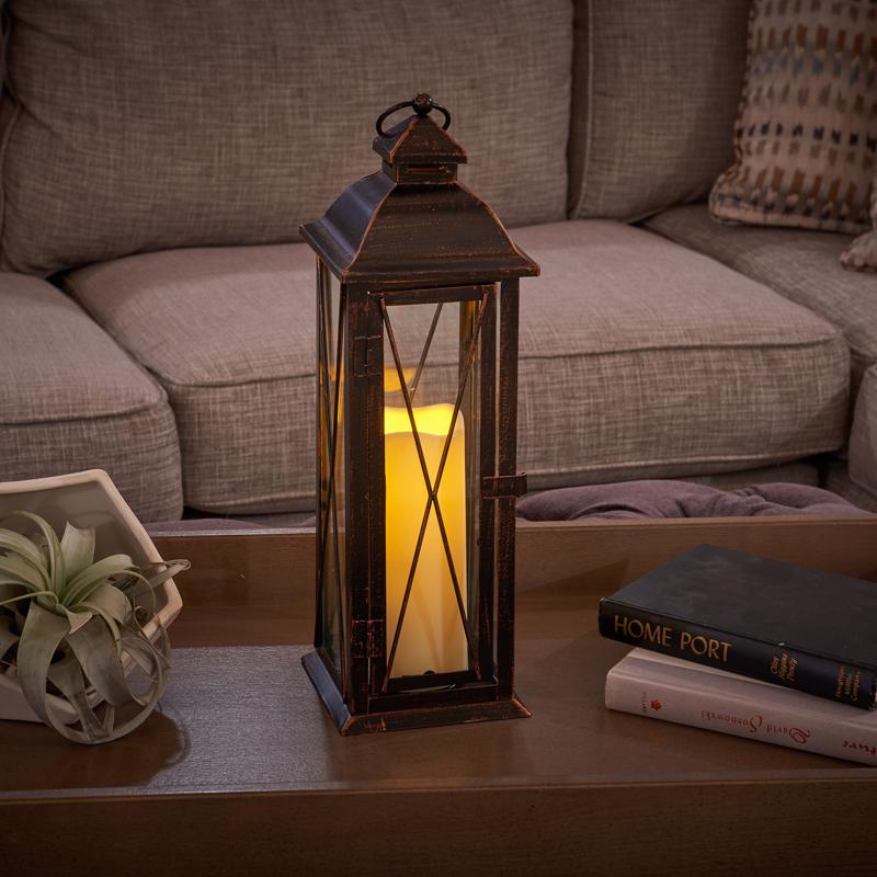 Smart Living 16 in. Glass/Metal Siena Bronze LED Candle Lantern