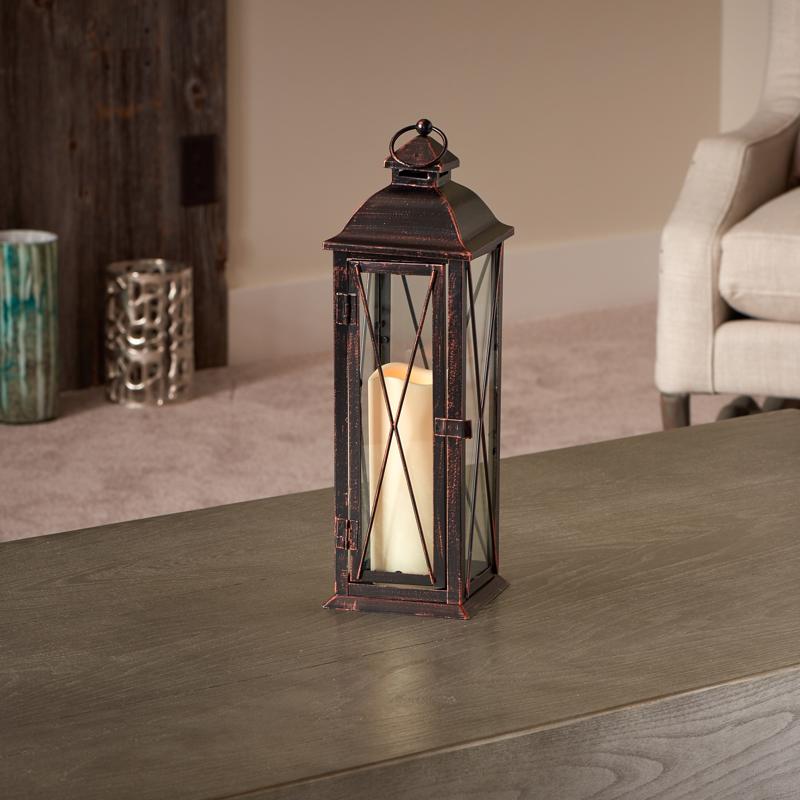Smart Living 16 in. Glass/Metal Siena Bronze LED Candle Lantern