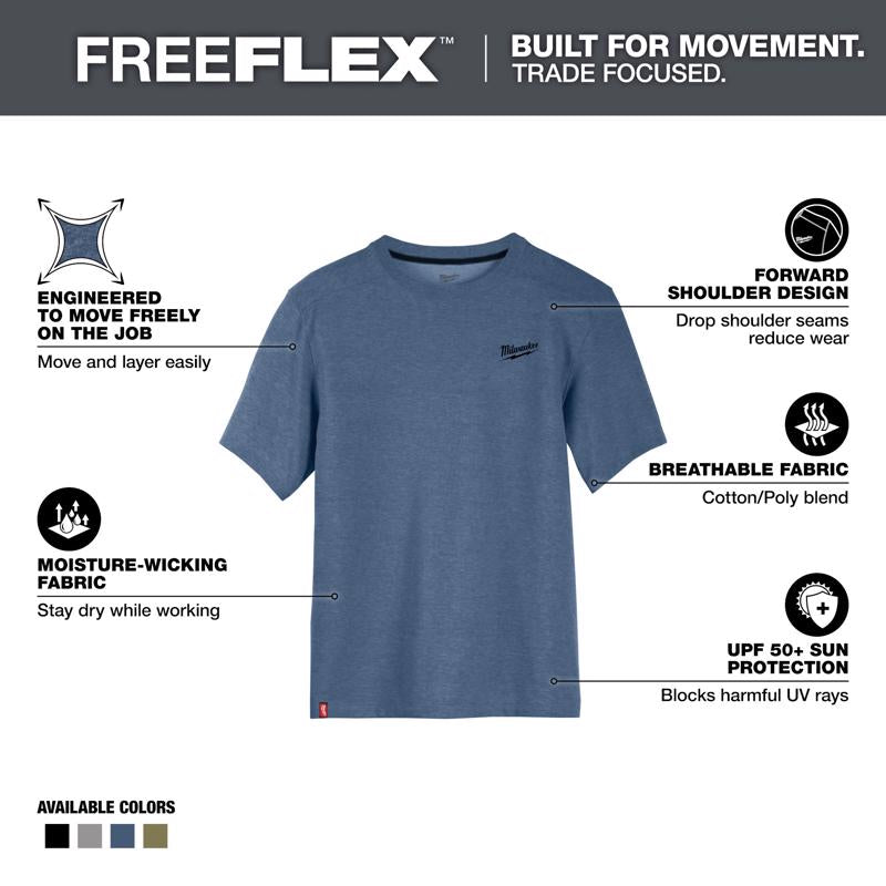 Milwaukee XXL Short Sleeve Men's Crew Neck Blue Hybrid Work Tee Shirt