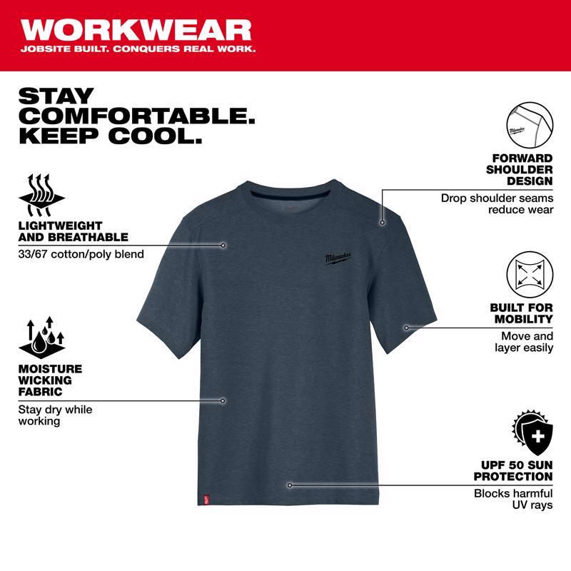 Milwaukee M Short Sleeve Men's Crew Neck Blue Hybrid Work Tee Shirt