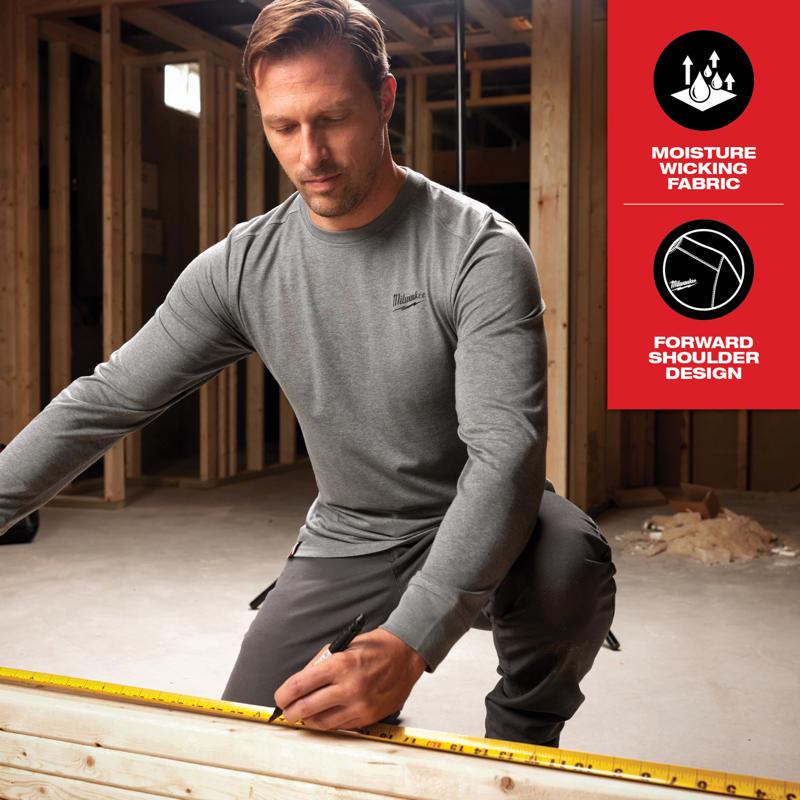 Milwaukee XXL Long Sleeve Men's Crew Neck Gray Hybrid Work Tee Shirt