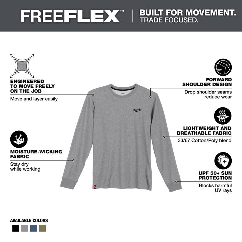Milwaukee XL Long Sleeve Men's Crew Neck Gray Hybrid Work Tee Shirt