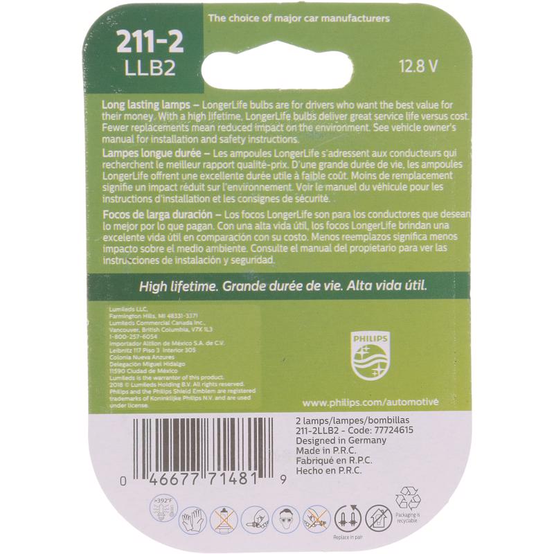 Philips Longer Life Incandescent Courtesy/Glove/License/Trunk Miniature Automotive Bulb 211-2LLB2