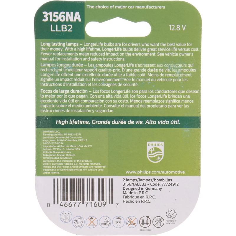 Philips Longer Life Incandescent Parking/Tail/Turn Miniature Automotive Bulb 3156NALLB2
