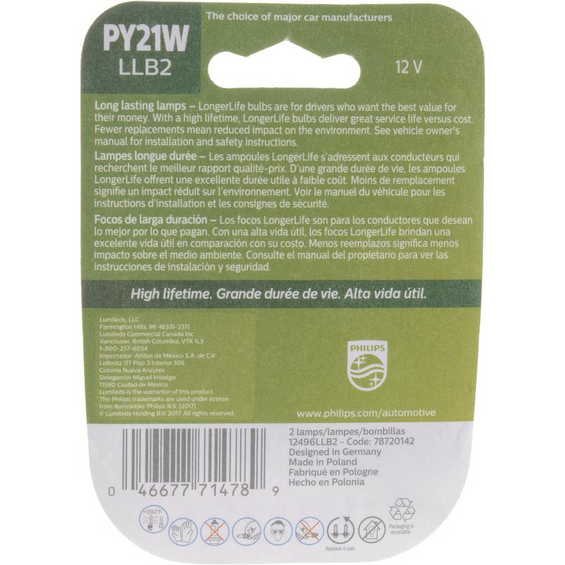 Philips LongerLife Incandescent Back-Up/Cornering/Stop/Turn Miniature Automotive Bulb PY21WLLB2