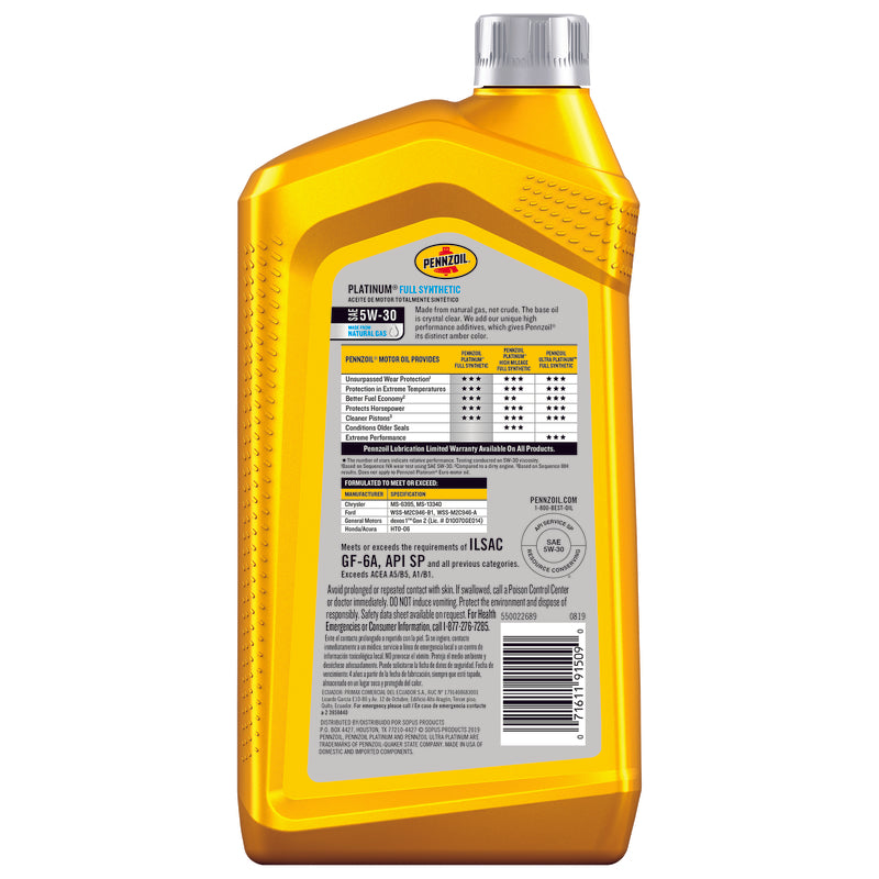 Pennzoil Platinum 5W-30 Synthetic Motor Oil 1 qt 1 pk