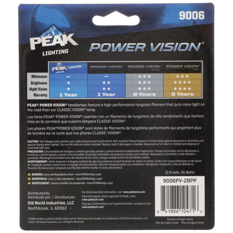 Peak Power Vision Halogen Forward Lighting Automotive Bulb 9006