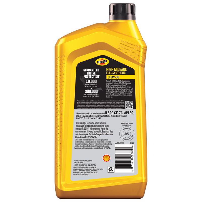 Pennzoil Full Synthetic 5W-30 High Mileage Motor Oil 1 qt 1 pk