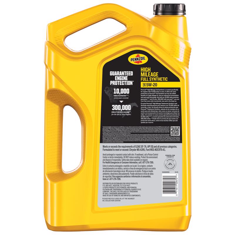 Pennzoil Full Synthetic 5W-20 High Mileage Motor Oil 5 qt 1 pk