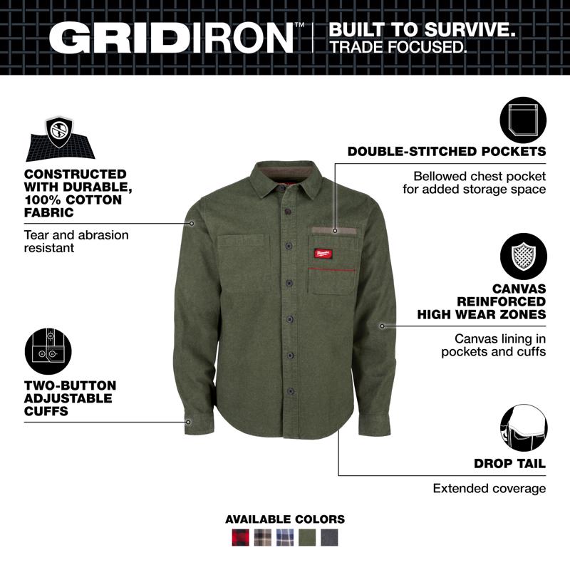 Milwaukee Gridiron XL Long Sleeve Men's Collared Green Flannel Shirt