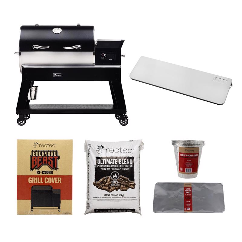 Backyard Beast 1200, a shelf, a grill cover, large bucket liners, large drip pan liners, & pellets.